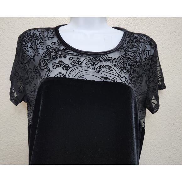 Connected Apparel Black Velour Lace Bodice Sheath Cocktail Dress 8 Lightweight - Picture 2 of 5